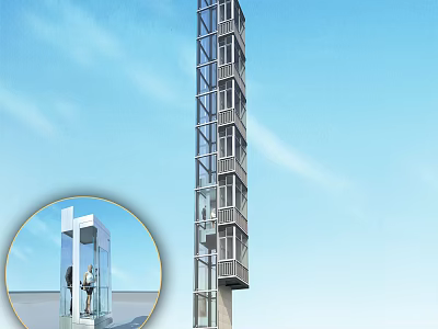 Modern Glass Elevator In High Rise Building With Transparent Cabin And Sky View 3d model