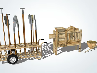 Industrial Equipment Including Tool Cart Wooden Handle Tools Shovels Rakes Sieve Machine 3d model