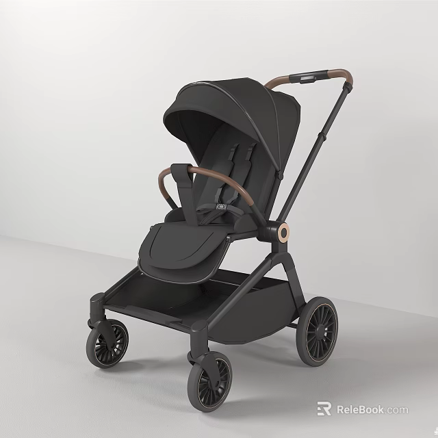 Sleek Black Baby Stroller With Brown Handle And Modern Wheel Design 3d model 