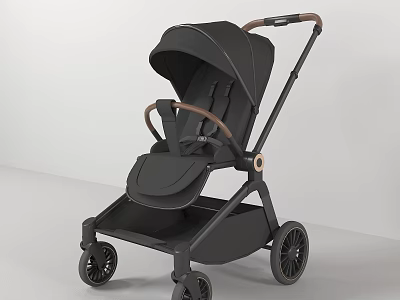 Sleek Black Baby Stroller With Brown Handle And Modern Wheel Design 3d model