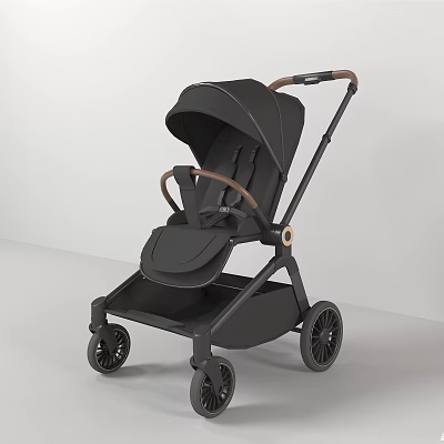 Sleek Black Baby Stroller With Brown Handle And Modern Wheel Design 3d model