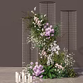 Floral Installation Design With Wire Mesh Structures Purple White Flowers Greenery And White Candles