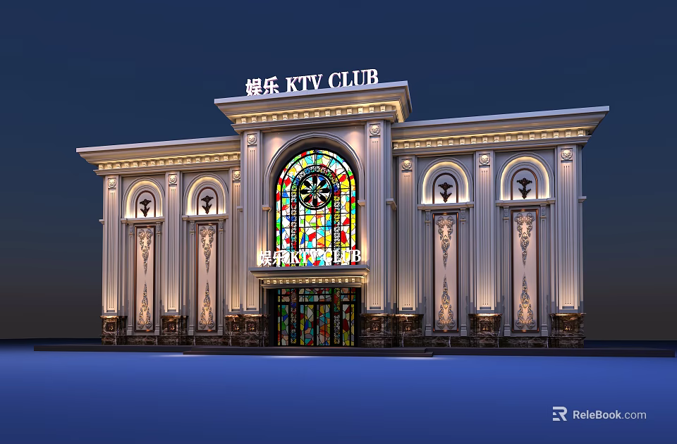 Illuminated European Architecture With Stained Glass Windows And Decorative Columns For KTV Club 3d model 