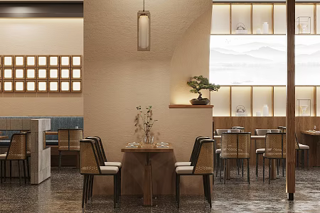 New Chinese Restaurant Dining Table and Chair Combination Bamboo Chair Chinese Chandelier Chinese Restaurant Tea Restaurant Vegetarian Restaurant Tea House 3d model