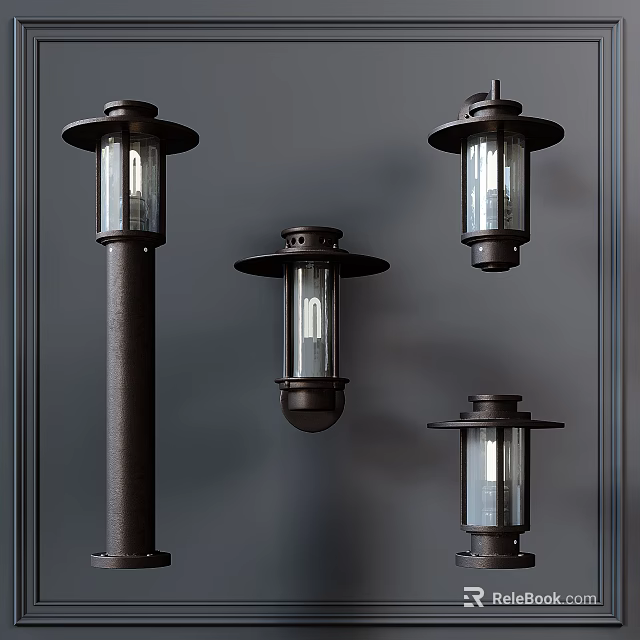 Vintage Industrial Style Metal Lighting Fixture Set With Glass Shades Wall Mounted And Standing Designs 3d model 
