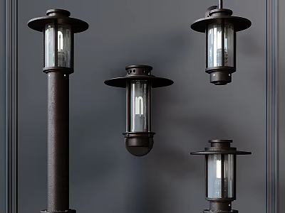 Vintage Industrial Style Metal Lighting Fixture Set With Glass Shades Wall Mounted And Standing Designs 3d model