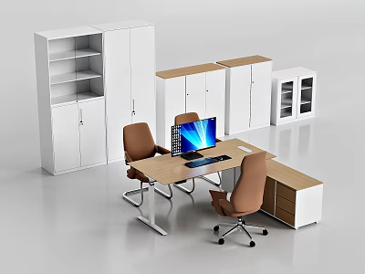 Modern Office Desk Setup With Two Brown Chairs Computer Monitor And Storage Cabinets 3d model