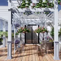 Rooftop Garden Design With Gray Stone Walls White Pergola Wooden Deck And Colorful Flowers