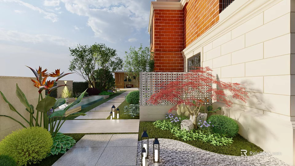 Courtyard Garden Design With Brick Building Red Maple Tree Stone Pathway And Garden Lights 3d model 