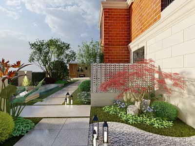 Courtyard Garden Design With Brick Building Red Maple Tree Stone Pathway And Garden Lights 3d model