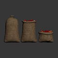 Fresh Red Berries Stored in Three Burlap Sacks on Dark Surface 3d model