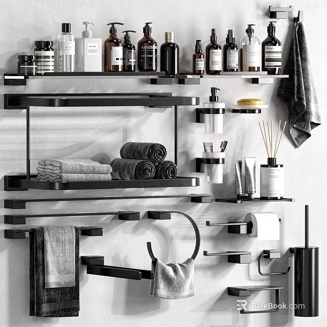 Sleek Modern Bathroom Accessories With Black Wall Shelves Towels Toiletries And Toilet Paper Holder 3d model 