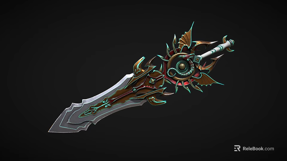 Intricate Fantasy Weapon With Sharp Blade Gold Green Accents And Gear Design 3d model 