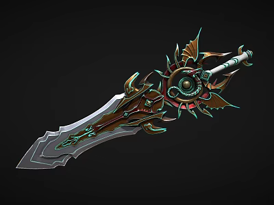 Intricate Fantasy Weapon With Sharp Blade Gold Green Accents And Gear Design 3d model