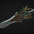 Intricate Fantasy Weapon With Sharp Blade Gold Green Accents And Gear Design