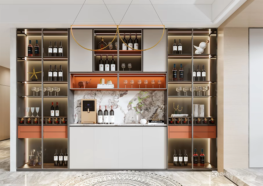Elegant Modern Wine Cabinet With Glass Shelves Wine Bottles Wine Glasses And Marble Countertop 3d model 
