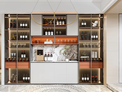 Elegant Modern Wine Cabinet With Glass Shelves Wine Bottles Wine Glasses And Marble Countertop 3d model