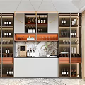 Elegant Modern Wine Cabinet With Glass Shelves Wine Bottles Wine Glasses And Marble Countertop