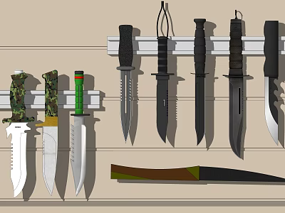 Various Colorful Knives Hanging On Wall And Rack With Different Handles 3d model