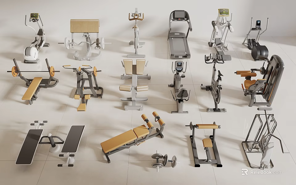 Essential Fitness Equipment Collection with Treadmill Exercise Bike Weight Bench and Dumbbells 3d model 