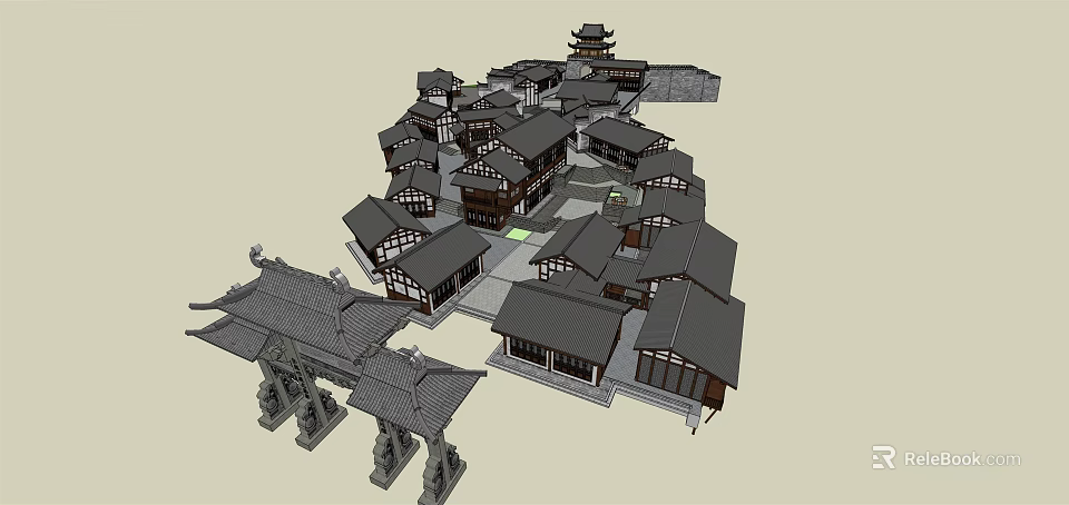 Traditional Ancient Architecture Complex With Courtyard And Classic Roof Structures 3d model 