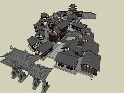 Traditional Ancient Architecture Complex With Courtyard And Classic Roof Structures 3d model