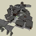Traditional Ancient Architecture Complex With Courtyard And Classic Roof Structures 3d model