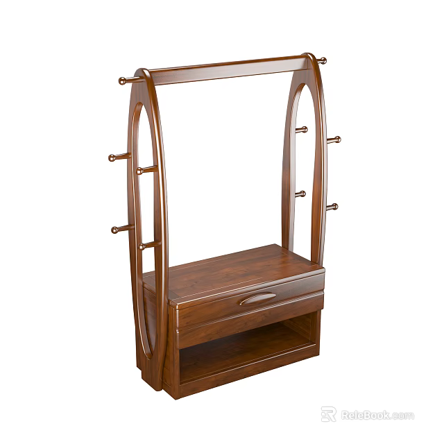 Wooden Clothes Rack With Multiple Hooks Bottom Drawer And Storage Shelf 3d model