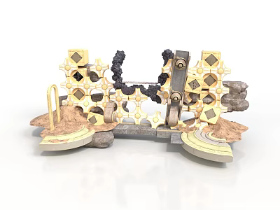 Geometric Scene Component With Diamond Panels Golden Framework Mechanical Elements And Stone Base 3d model