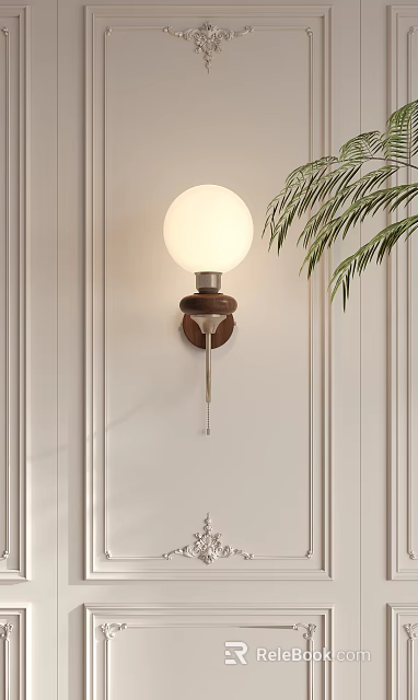 Modern Wall Lamp With White Globe Shade Wooden Base Metal Bracket And Palm Leaf Decoration 3d model 