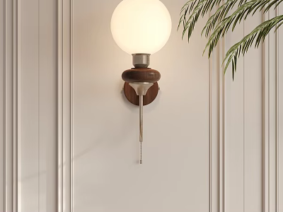 Modern Wall Lamp With White Globe Shade Wooden Base Metal Bracket And Palm Leaf Decoration 3d model
