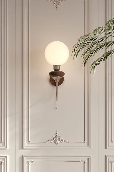 Modern Wall Lamp With White Globe Shade Wooden Base Metal Bracket And Palm Leaf Decoration 3d model
