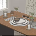 Elegant Tableware Set with Plates Bowls Glassware Candles and Green Garnish on Wooden Dining Table
