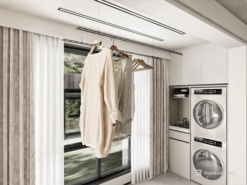 Modern Laundry Room Interior With Hanging Clothes On Rack And Washer Dryer 3d model 