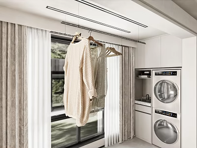 Modern Laundry Room Interior With Hanging Clothes On Rack And Washer Dryer 3d model