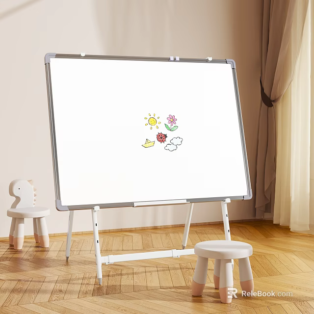 Whiteboard With Hand Drawn Sun Flower Cloud And Bird In Kids Room With Stools 3d model 