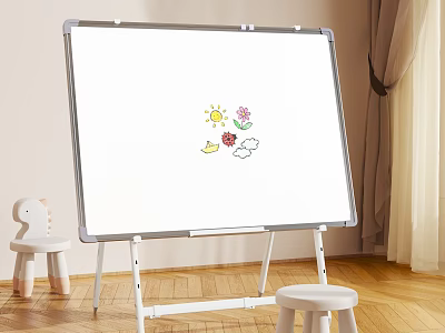 Whiteboard With Hand Drawn Sun Flower Cloud And Bird In Kids Room With Stools 3d model