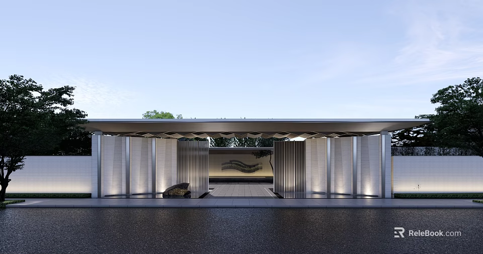 Modern Garden Landscape Entrance With Sliding Metal Screens Lighting And Water Surface 3d model 