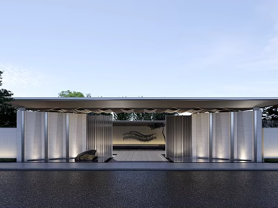 Modern Garden Landscape Entrance With Sliding Metal Screens Lighting And Water Surface 3d model