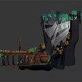 Whimsical Forest Scene With Wooden Platform Trees Leaves Crates And Mushrooms