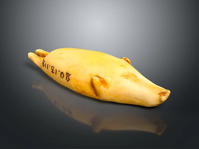 Yellow Bear Shaped Decorative Object With Silver6 Text On Surface 3d model