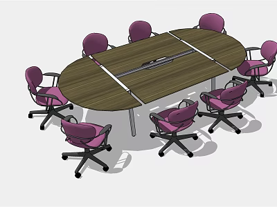 Oval Wooden Conference Table With Eight Purple Office Chairs And Black Wheels 3d model