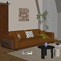 Multi Seater Brown Leather Sofa With Patterned Cushions Coffee Table And Potted Plant 3d model