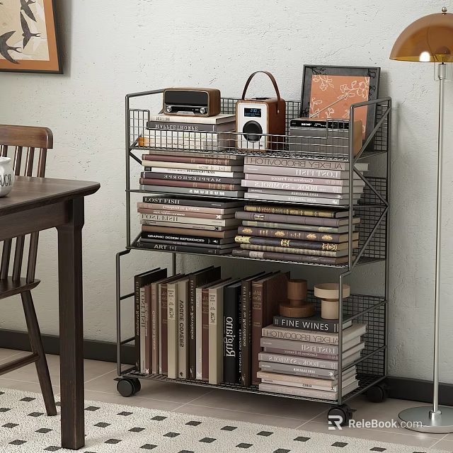 Metal Rolling Bookshelf With Multiple Tiers For Books Photo Frame Radio And Cups 3d model 