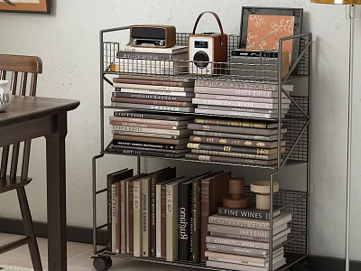 Metal Rolling Bookshelf With Multiple Tiers For Books Photo Frame Radio And Cups 3d model