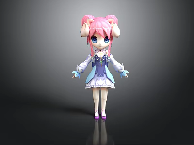 Anime Style Woman With Pink Pigtails Blue Eyes And Purple White Outfit 3d model