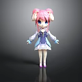Anime Style Woman With Pink Pigtails Blue Eyes And Purple White Outfit