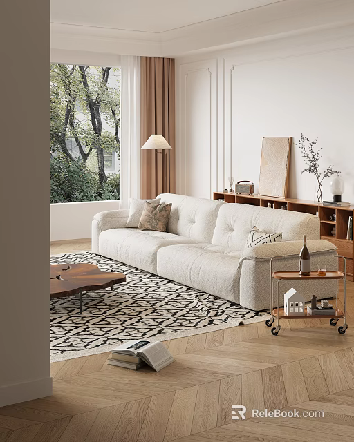 Light Colored Sofa And Coffee Table With Decorative Pillows Geometric Rug And Window Tree View 3d model