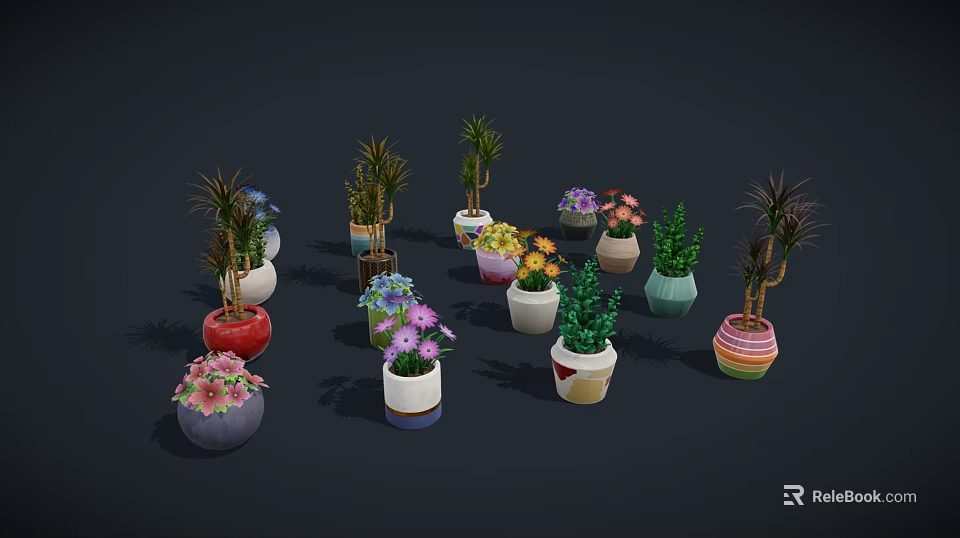 Various Potted Plants In Colorful Different Shaped Pots With Flowering And Green Leaf Varieties 3d model 
