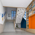 School Corridor With Staircase Bookshelves Calligraphy Works Display Boards And Windows